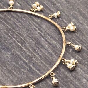 Gold Tone Freshwater Pearl Dangle Charm Bangle Bracelet Wire Wrapped Seed Pearls